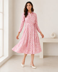 Women’s Pink Floral Cotton Shirt Midi Dress with Waist Tie