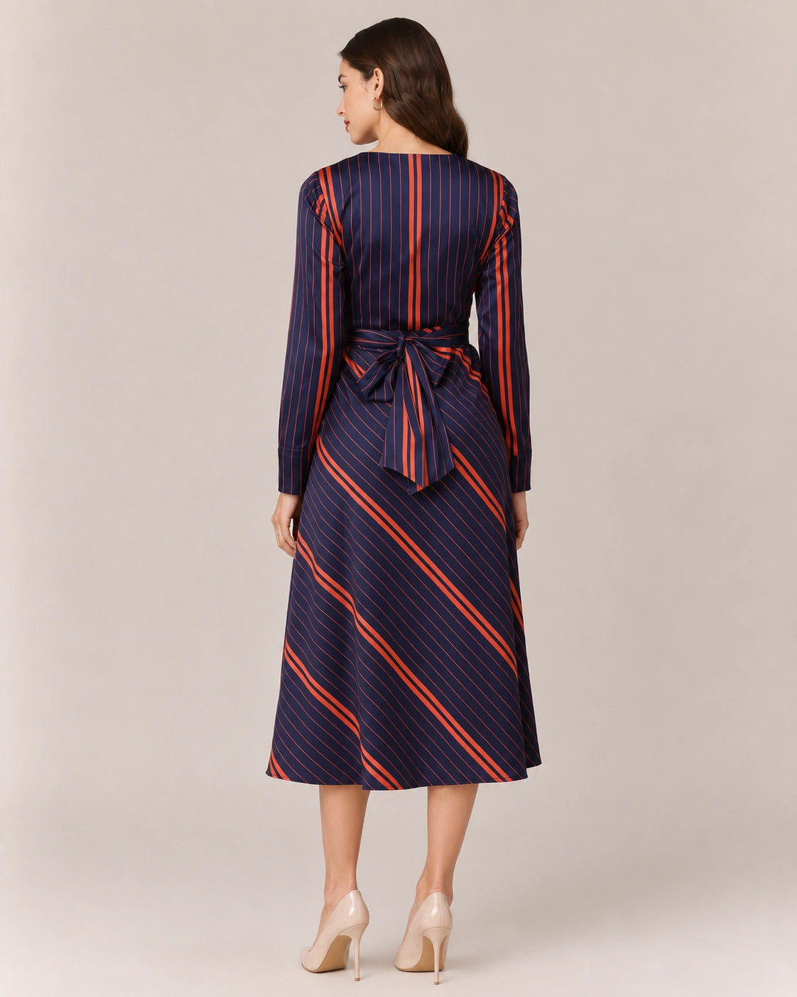 Women’s Navy Blue Striped Satin Midi Dress | Fit-and-Flare Dress