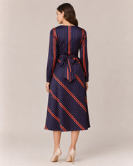 Women’s Navy Blue Striped Satin Midi Dress | Fit-and-Flare Dress
