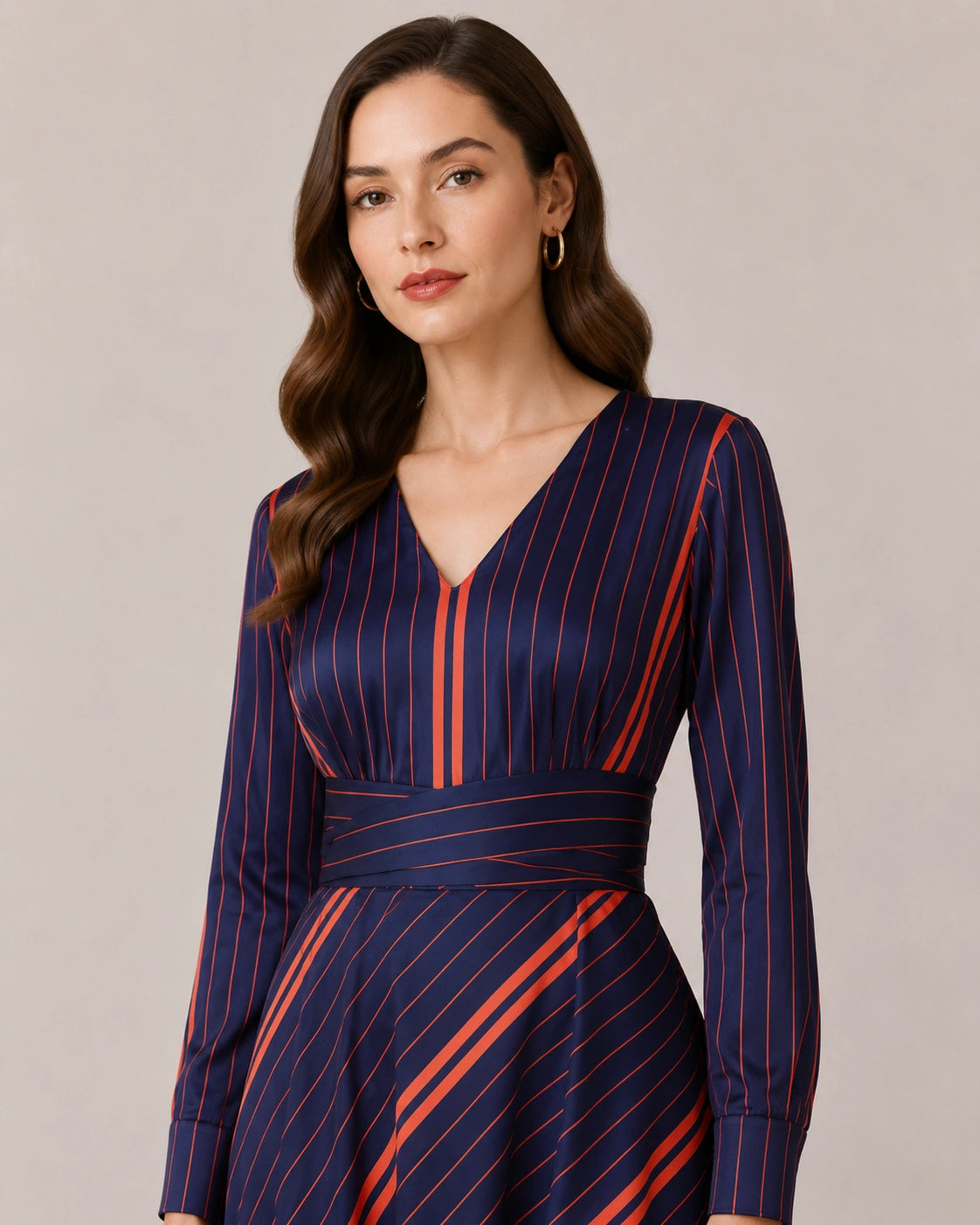 Women’s Navy Blue Striped Satin Midi Dress | Fit-and-Flare Dress