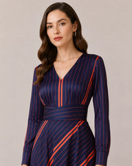 Women’s Navy Blue Striped Satin Midi Dress | Fit-and-Flare Dress