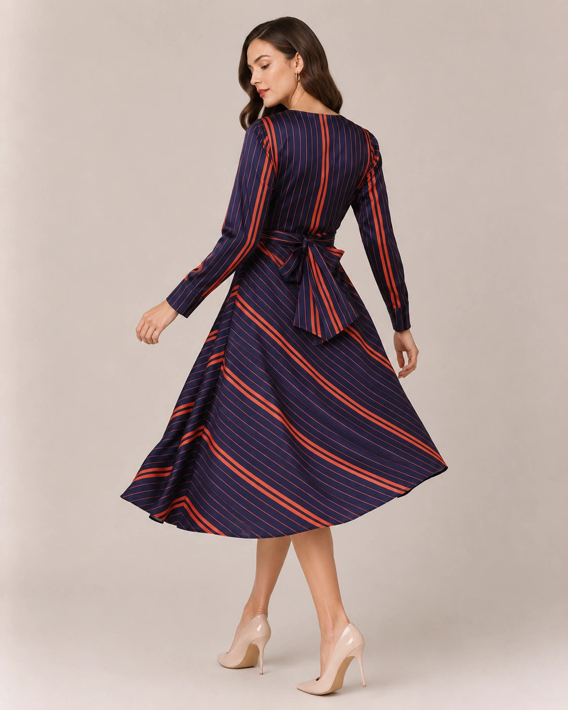 Women’s Navy Blue Striped Satin Midi Dress | Fit-and-Flare Dress