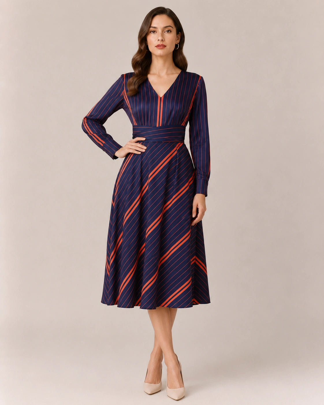 Women’s Navy Blue Striped Satin Midi Dress | Fit-and-Flare Dress