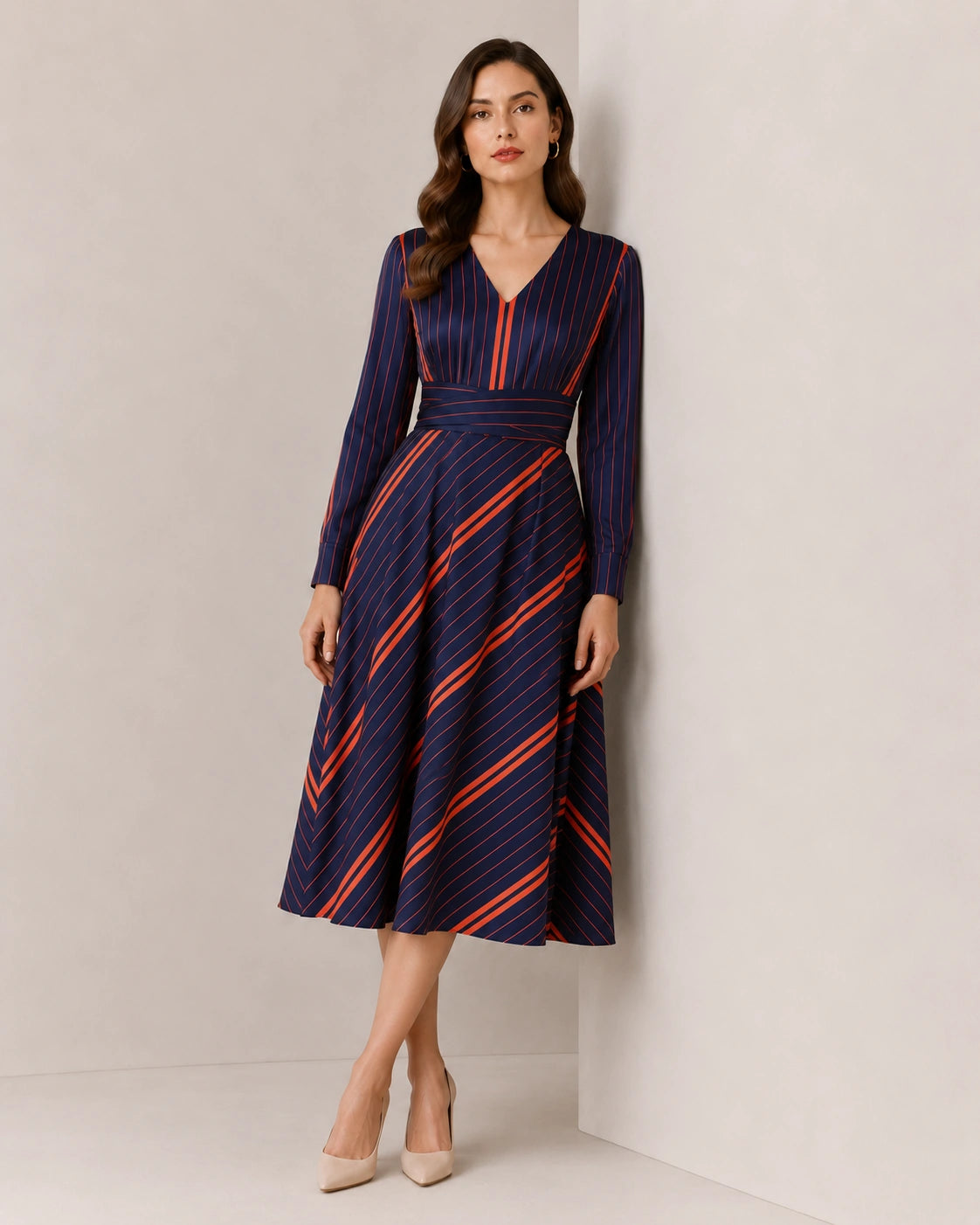 Women’s Navy Blue Striped Satin Midi Dress | Fit-and-Flare Dress