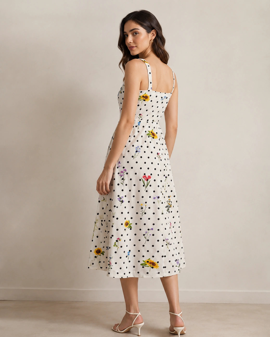 Women’s Ivory Polka-Dot Floral Satin Midi Dress