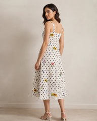 Women’s Ivory Polka-Dot Floral Satin Midi Dress
