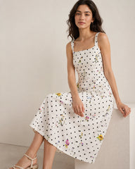 Women’s Ivory Polka-Dot Floral Satin Midi Dress