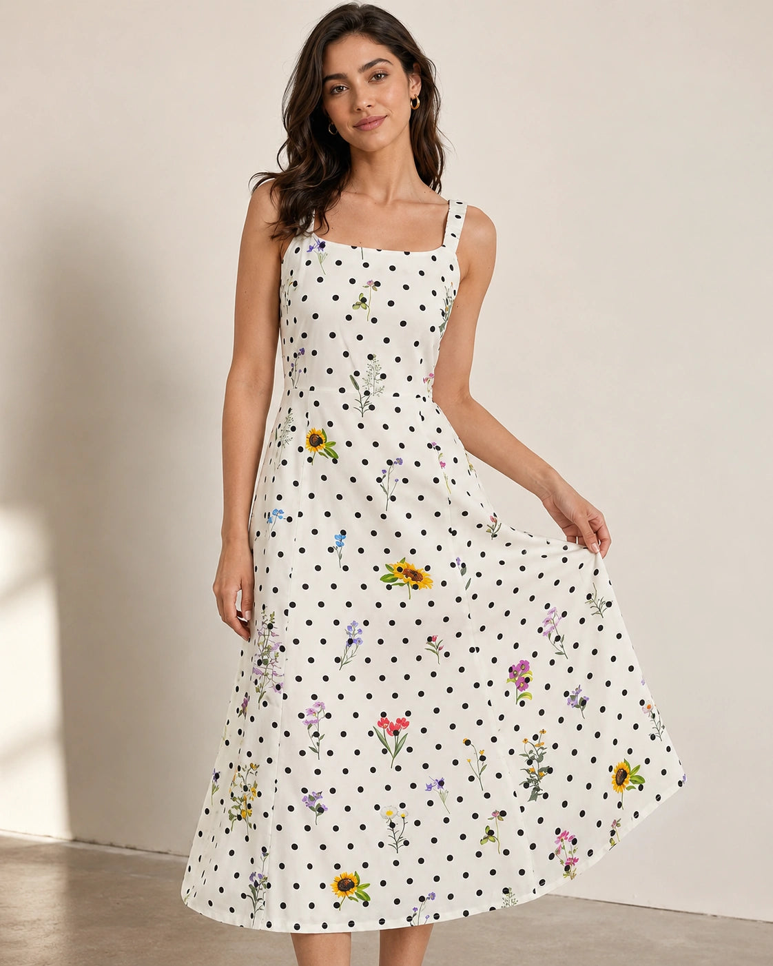 Women’s Ivory Polka-Dot Floral Satin Midi Dress