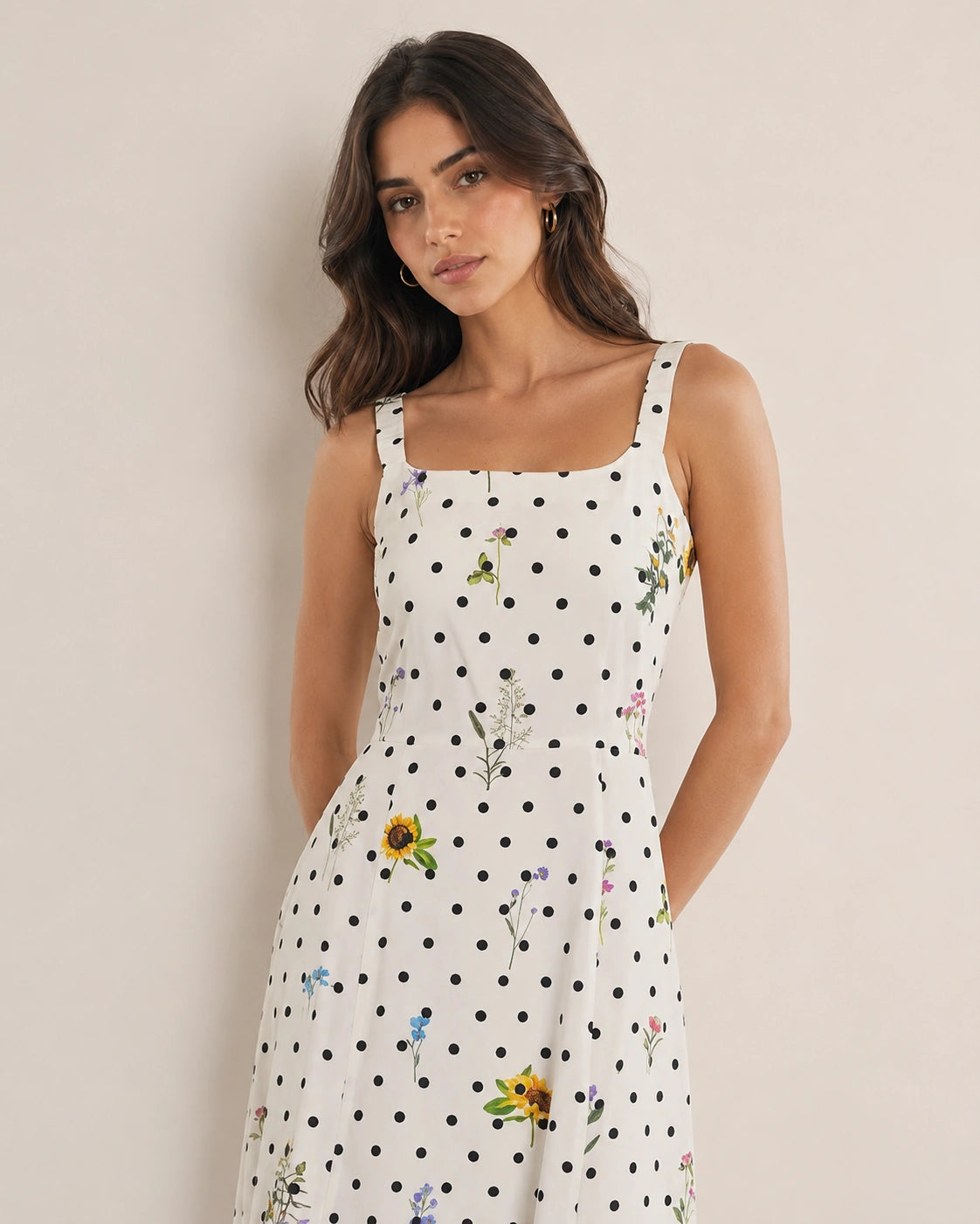 Women’s Ivory Polka-Dot Floral Satin Midi Dress
