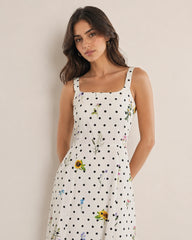 Women’s Ivory Polka-Dot Floral Satin Midi Dress