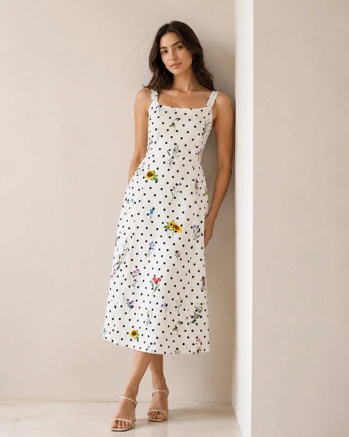 Women’s Ivory Polka-Dot Floral Satin Midi Dress