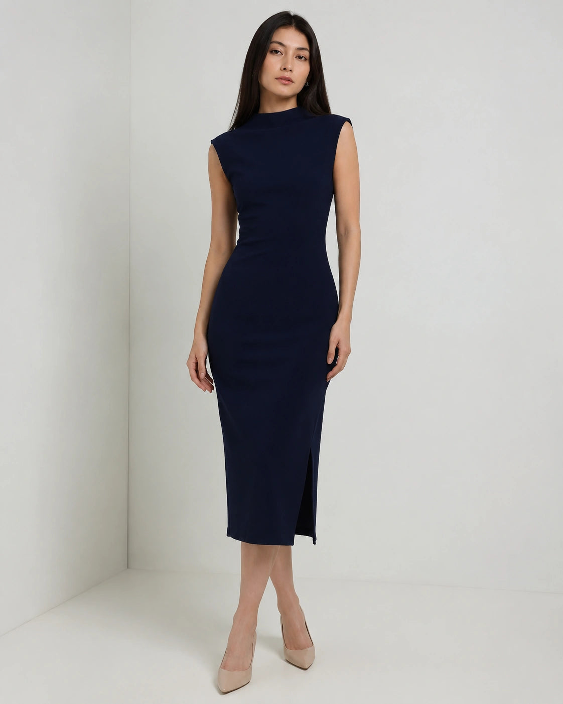 Women’s Navy Blue Lycra Body-con Midi Dress | High-Neck Dress