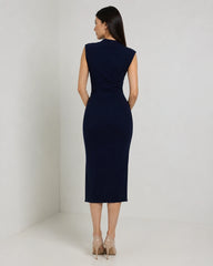 Women’s Navy Blue Lycra Body-con Midi Dress | High-Neck Dress