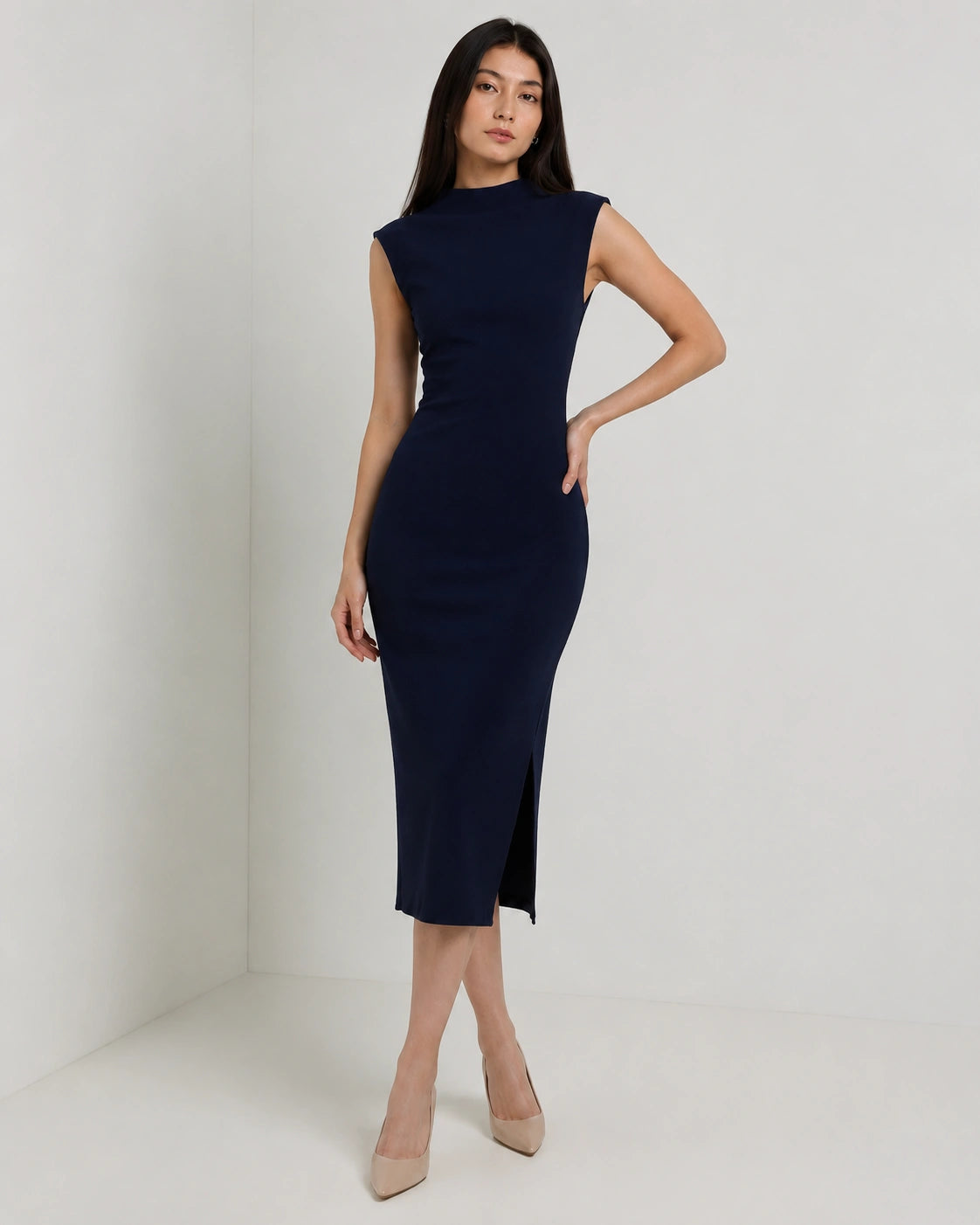 Women’s Navy Blue Lycra Body-con Midi Dress | High-Neck Dress