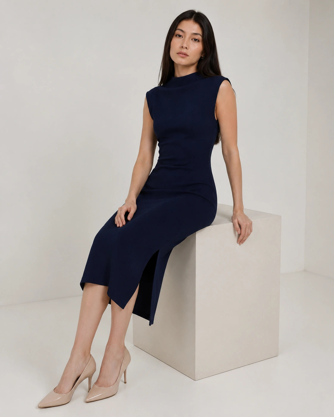 Women’s Navy Blue Lycra Body-con Midi Dress | High-Neck Dress