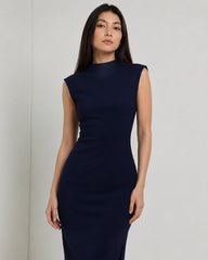 Women’s Navy Blue Lycra Body-con Midi Dress | High-Neck Dress