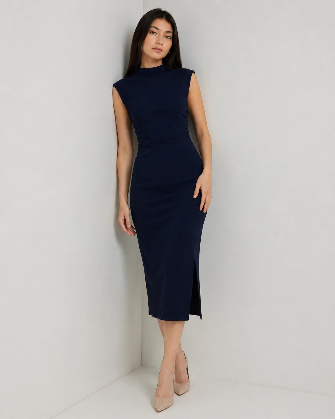 Women’s Navy Blue Lycra Body-con Midi Dress | High-Neck Dress