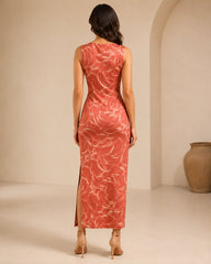 Women’s Coral Printed Lycra Cowl-Neck Maxi Dress