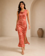Women’s Coral Printed Lycra Cowl-Neck Maxi Dress