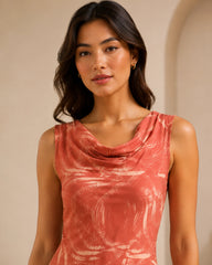 Women’s Coral Printed Lycra Cowl-Neck Maxi Dress