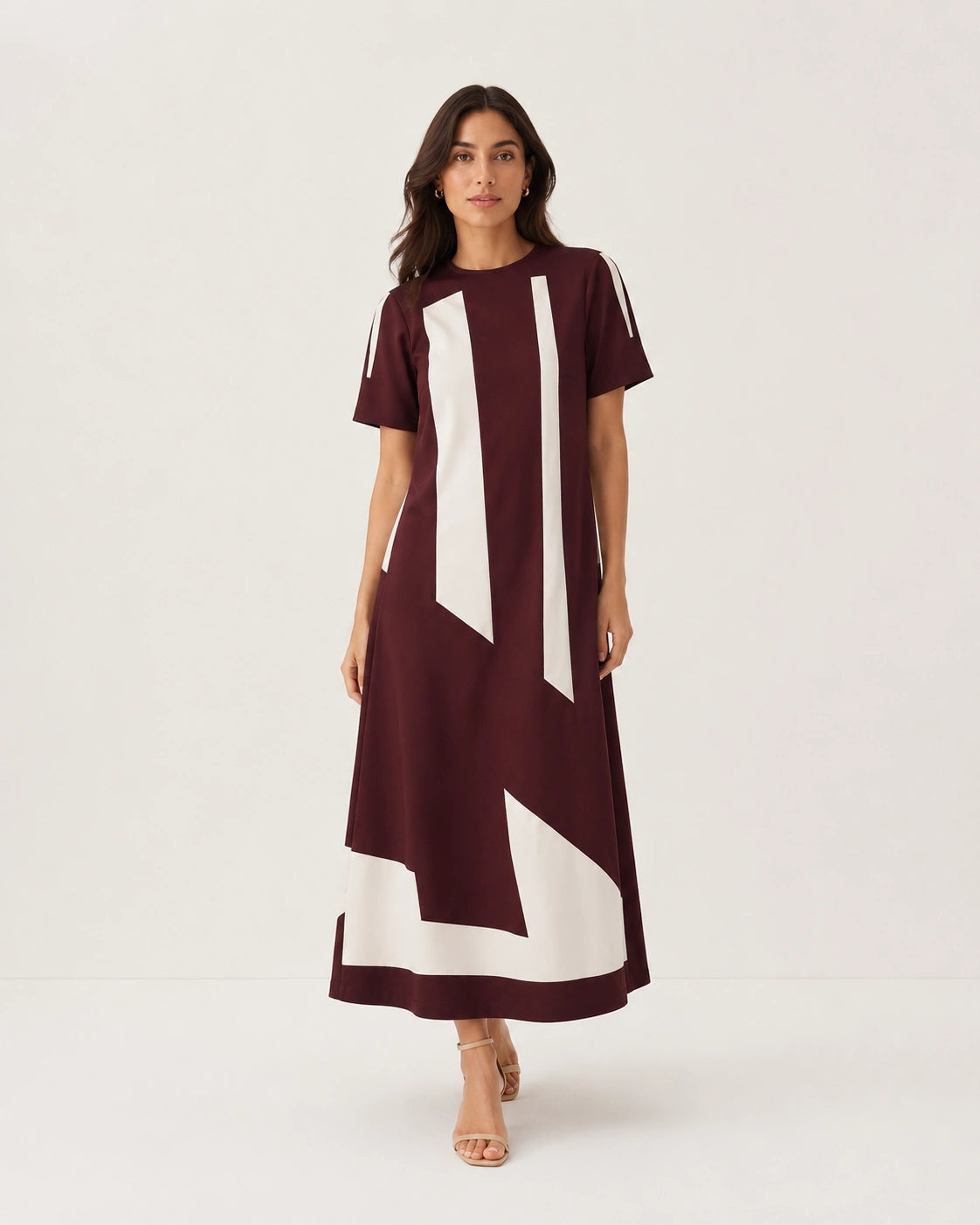 Women’s Wine Colour-Block Lycra Midi Dress | A-Line Dress