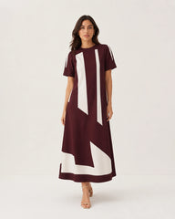 Women’s Wine Colour-Block Lycra Midi Dress | A-Line Dress