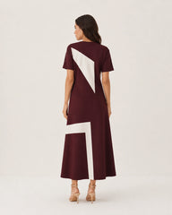 Women’s Wine Colour-Block Lycra Midi Dress | A-Line Dress