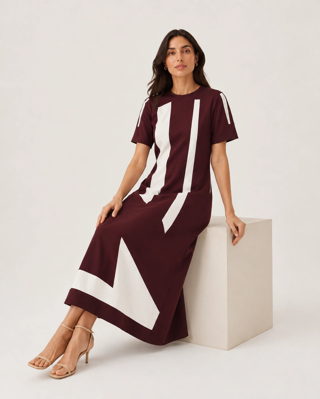 Women’s Wine Colour-Block Lycra Midi Dress | A-Line Dress