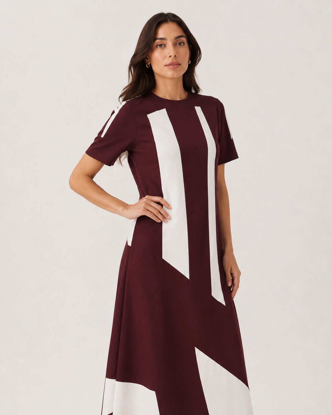 Women’s Wine Colour-Block Lycra Midi Dress | A-Line Dress