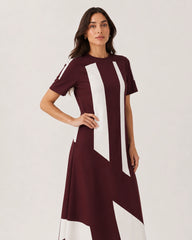 Women’s Wine Colour-Block Lycra Midi Dress | A-Line Dress