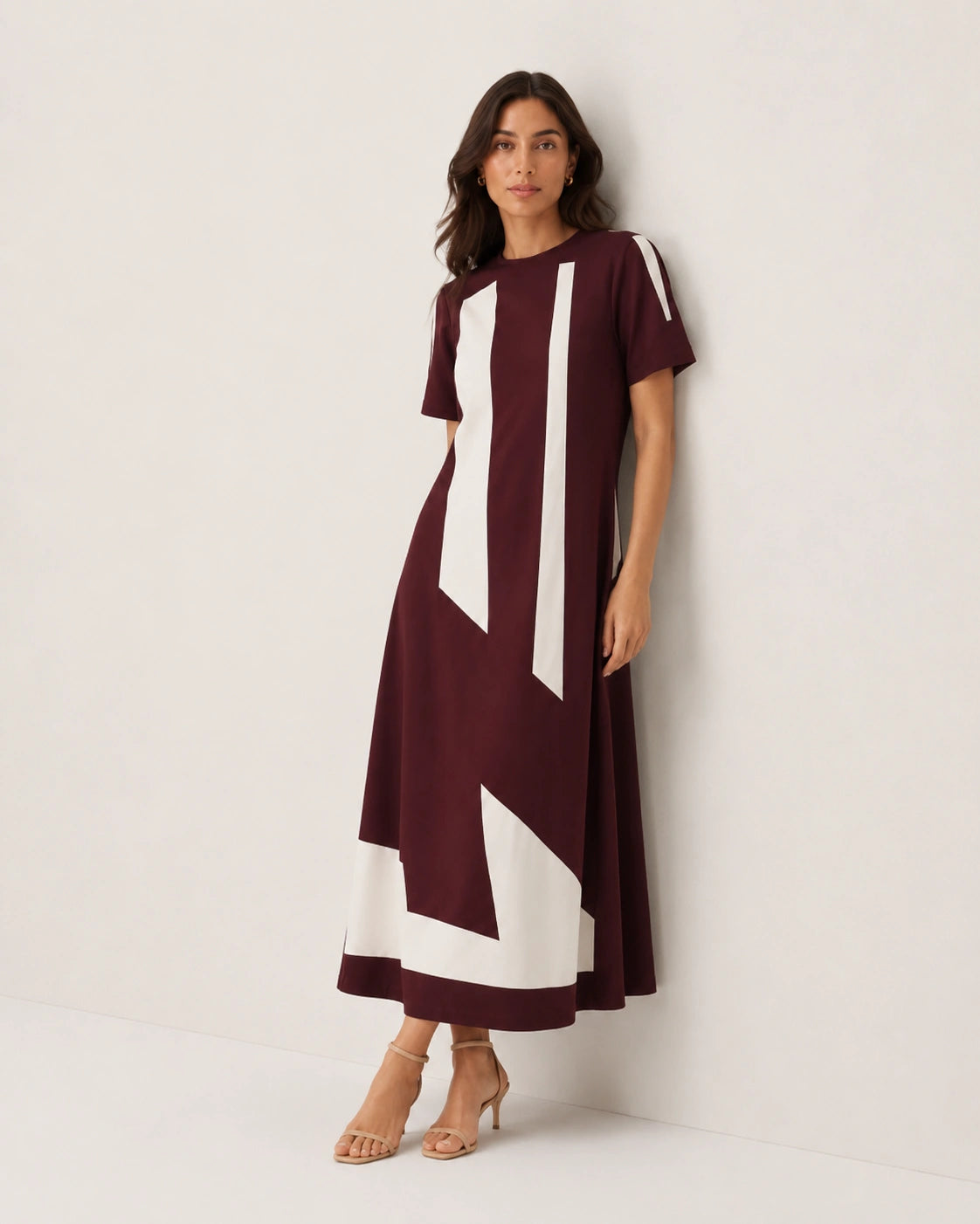Women’s Wine Colour-Block Lycra Midi Dress | A-Line Dress