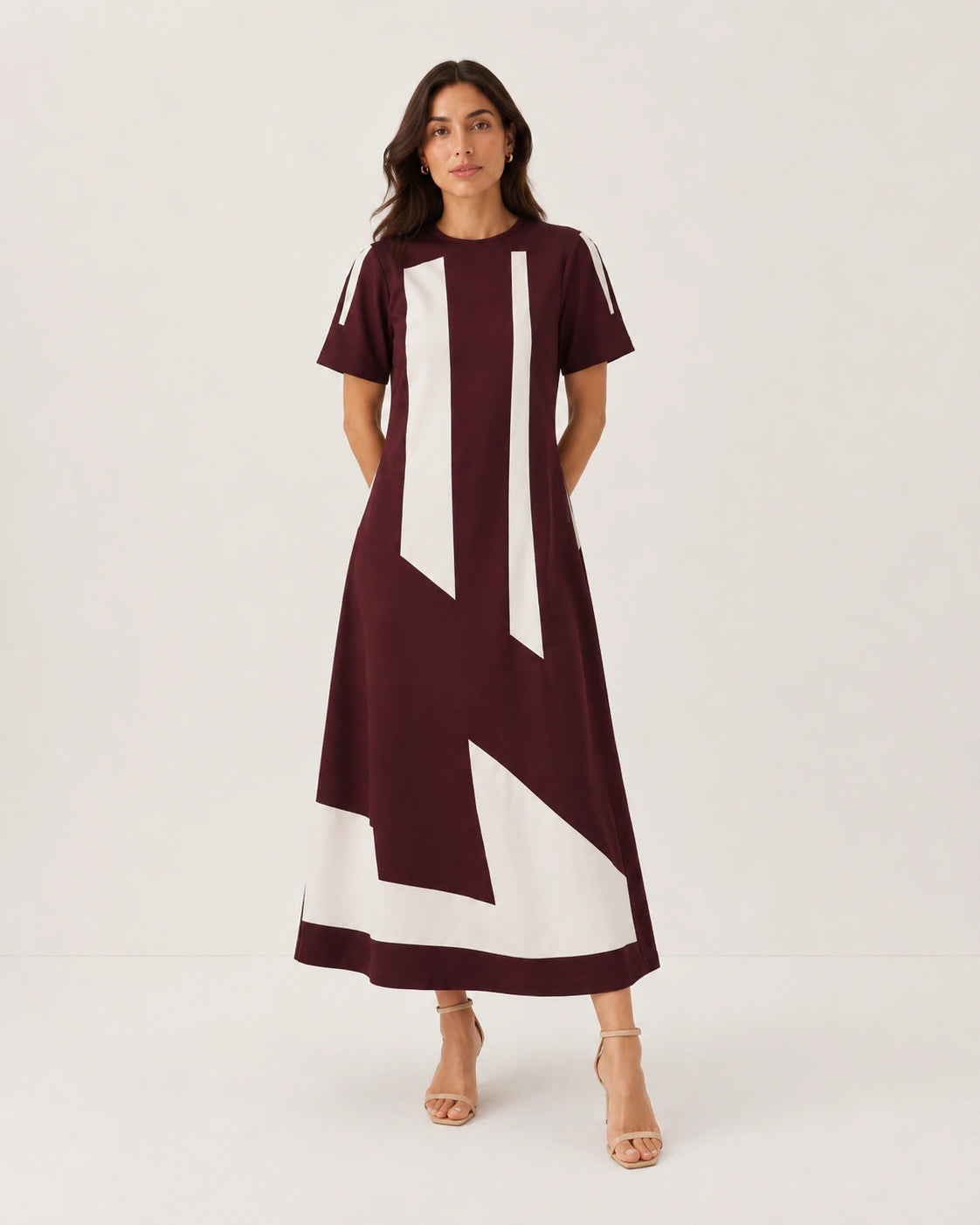 Women’s Wine Colour-Block Lycra Midi Dress | A-Line Dress