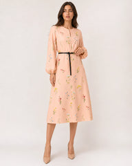 Women’s Peach Floral Lycra Midi Dress with Balloon Sleeves