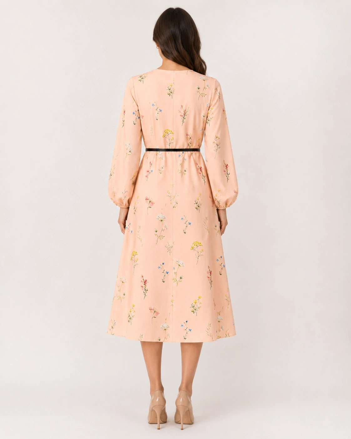 Women’s Peach Floral Lycra Midi Dress with Balloon Sleeves
