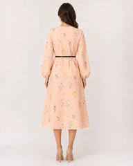 Women’s Peach Floral Lycra Midi Dress with Balloon Sleeves