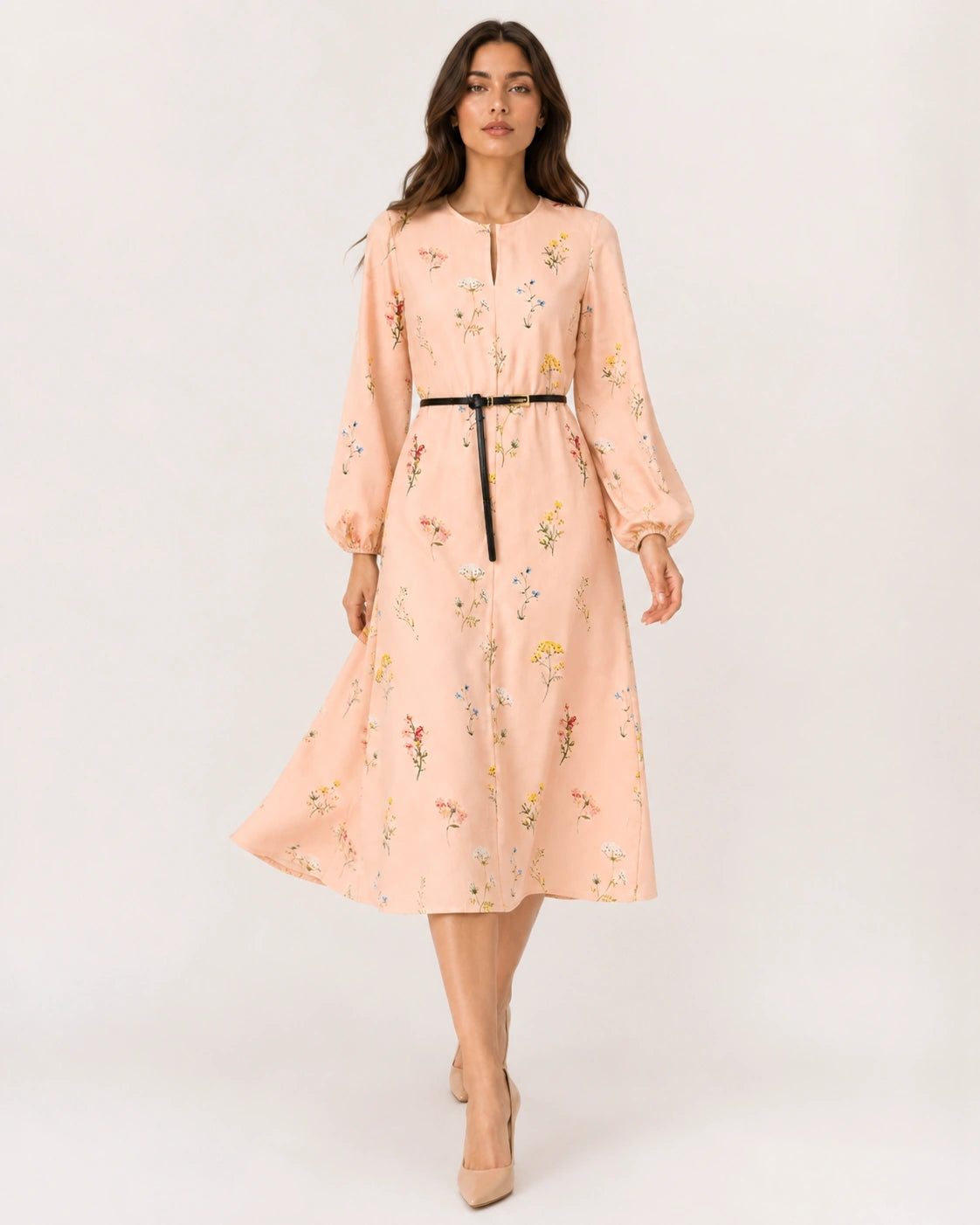 Women’s Peach Floral Lycra Midi Dress with Balloon Sleeves