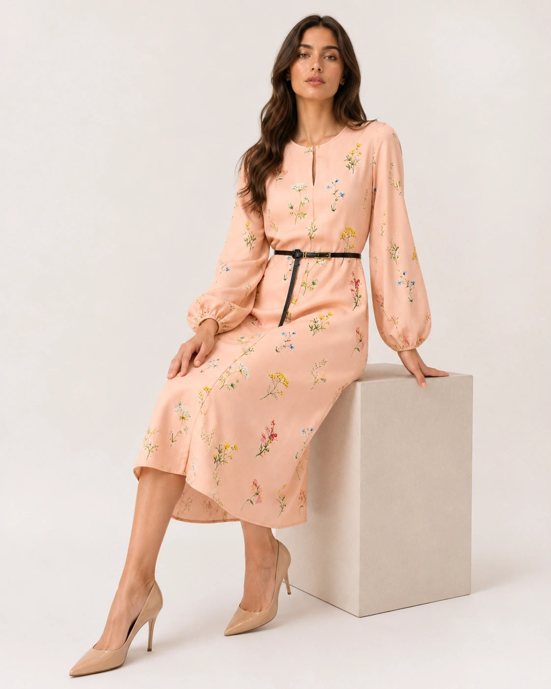Women’s Peach Floral Lycra Midi Dress with Balloon Sleeves