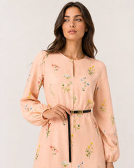 Women’s Peach Floral Lycra Midi Dress with Balloon Sleeves