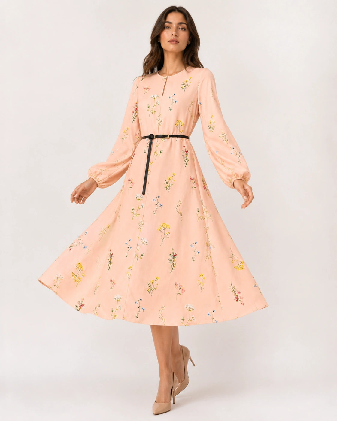 Women’s Peach Floral Lycra Midi Dress with Balloon Sleeves