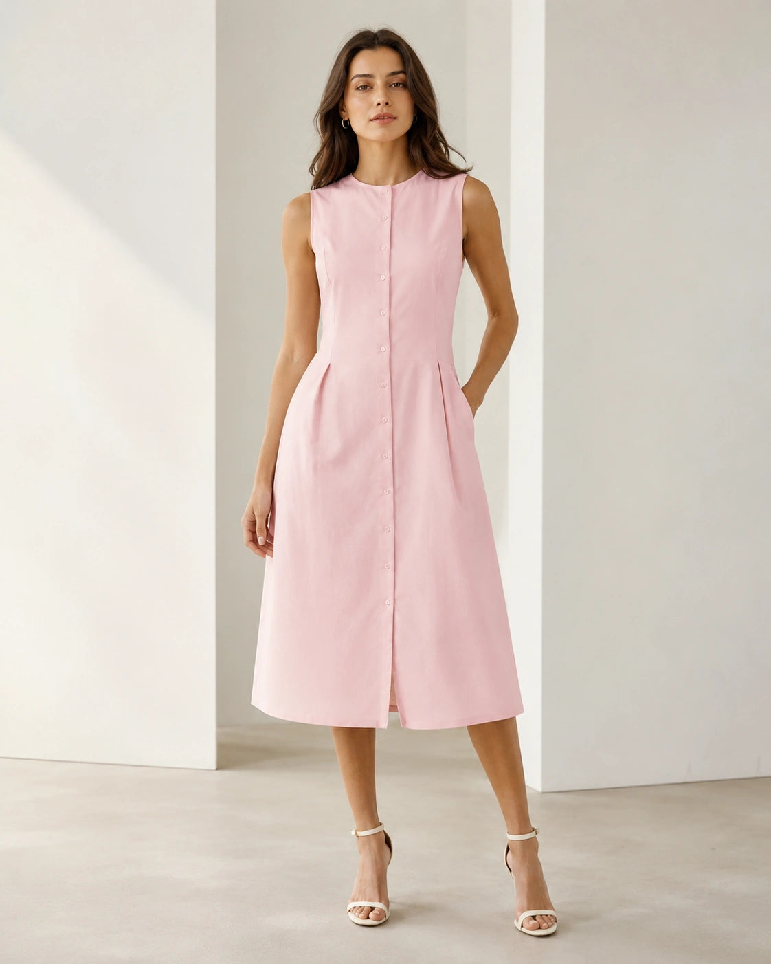 Women’s Blush Pink Cotton Button-Down Midi Dress