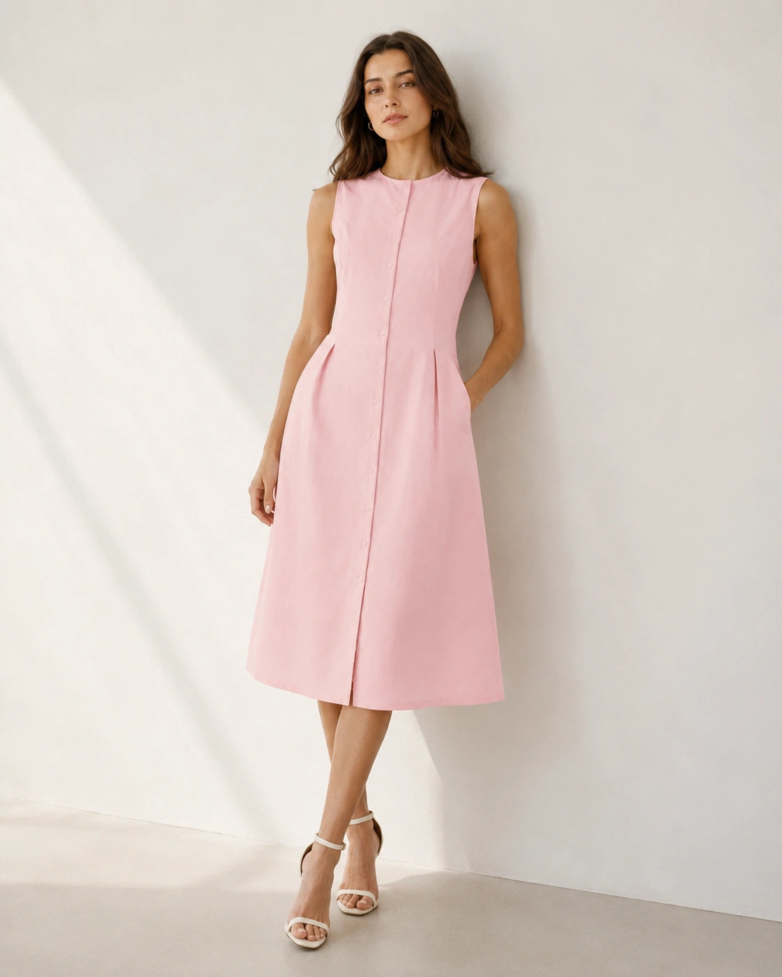 Women’s Blush Pink Cotton Button-Down Midi Dress