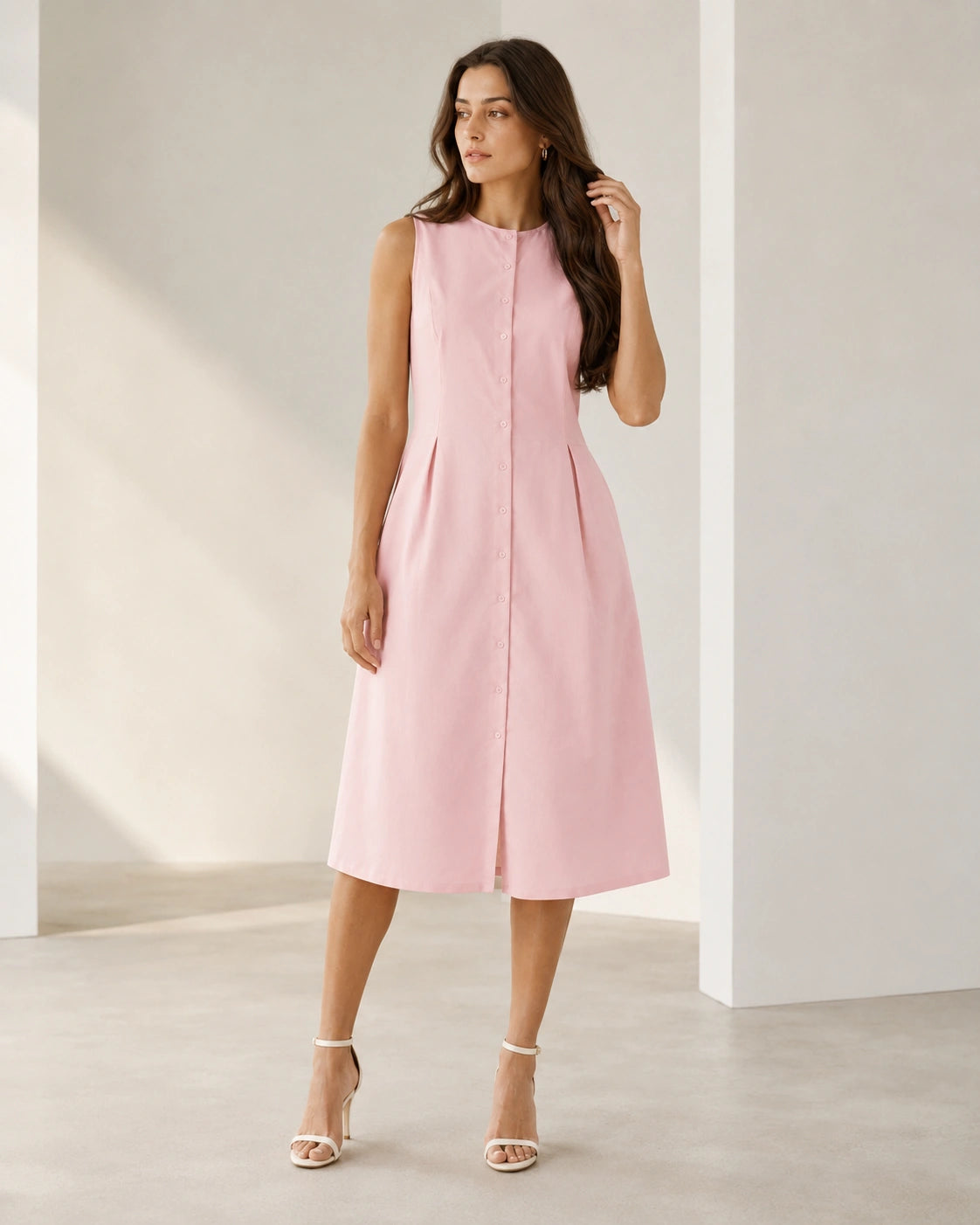 Women’s Blush Pink Cotton Button-Down Midi Dress
