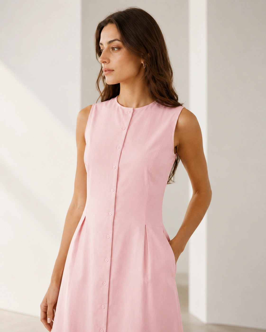 Women’s Blush Pink Cotton Button-Down Midi Dress