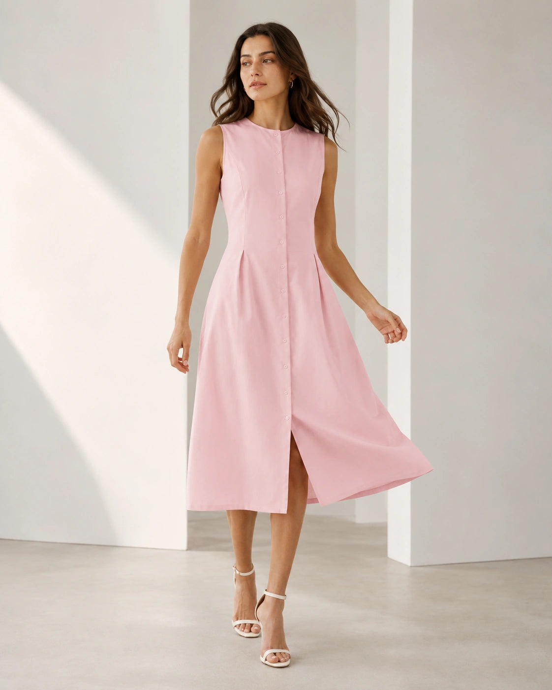 Women’s Blush Pink Cotton Button-Down Midi Dress