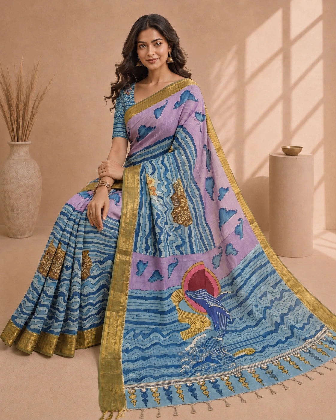Kalamkari Ocean Theme Saree with Artistic Wave & Whale Design | Elegant Statement Saree for Festive & Casual Wear | Kalakarie
