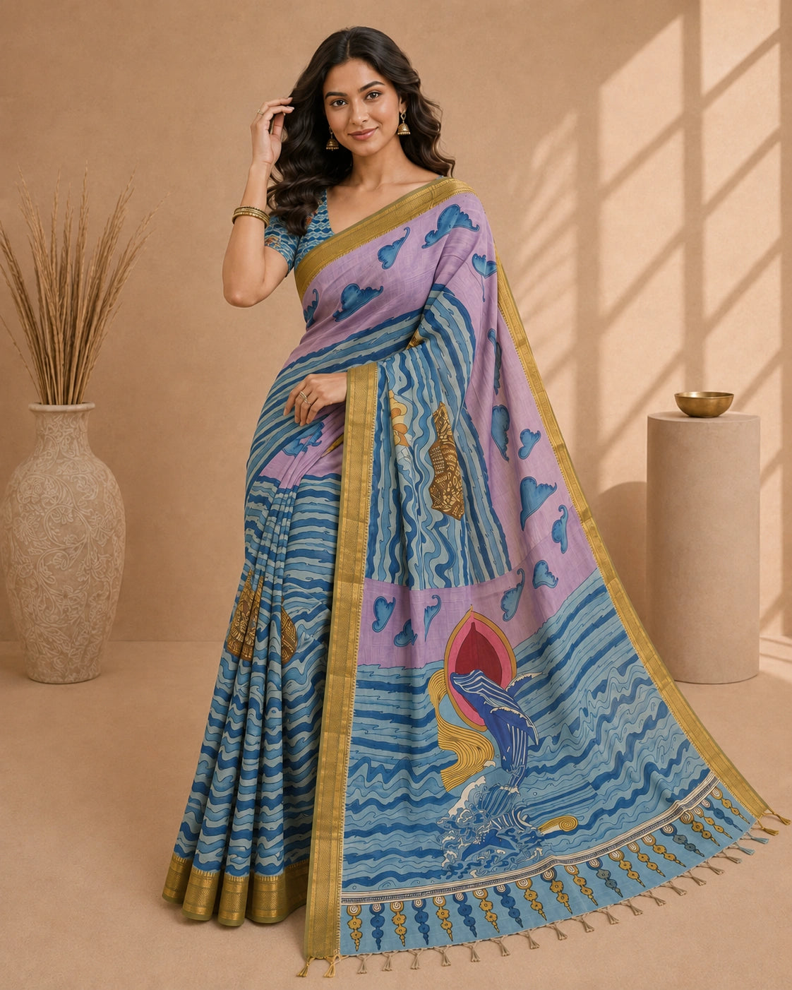 Kalamkari Ocean Theme Saree with Artistic Wave & Whale Design | Elegant Statement Saree for Festive & Casual Wear | Kalakarie