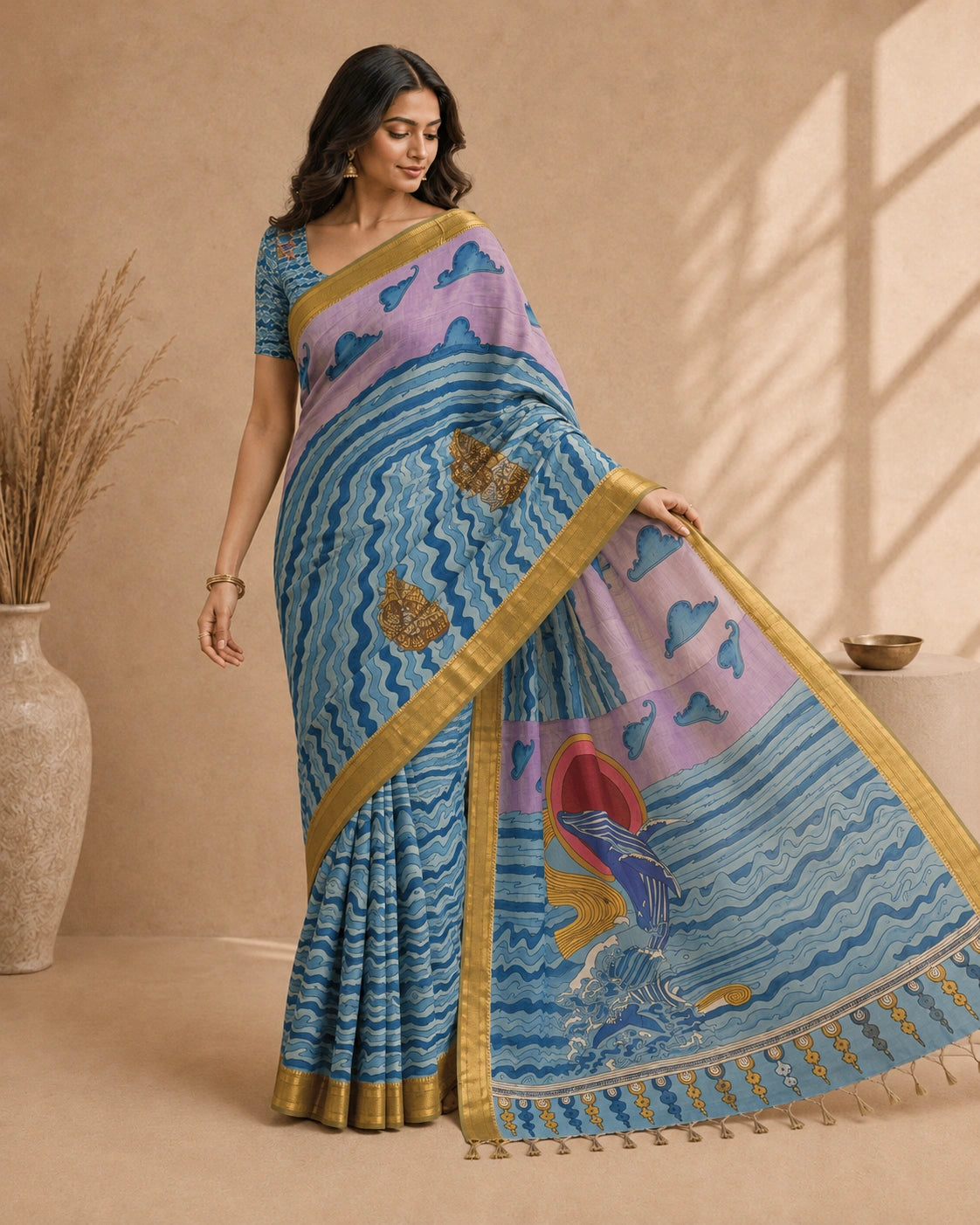 Kalamkari Ocean Theme Saree with Artistic Wave & Whale Design | Elegant Statement Saree for Festive & Casual Wear | Kalakarie