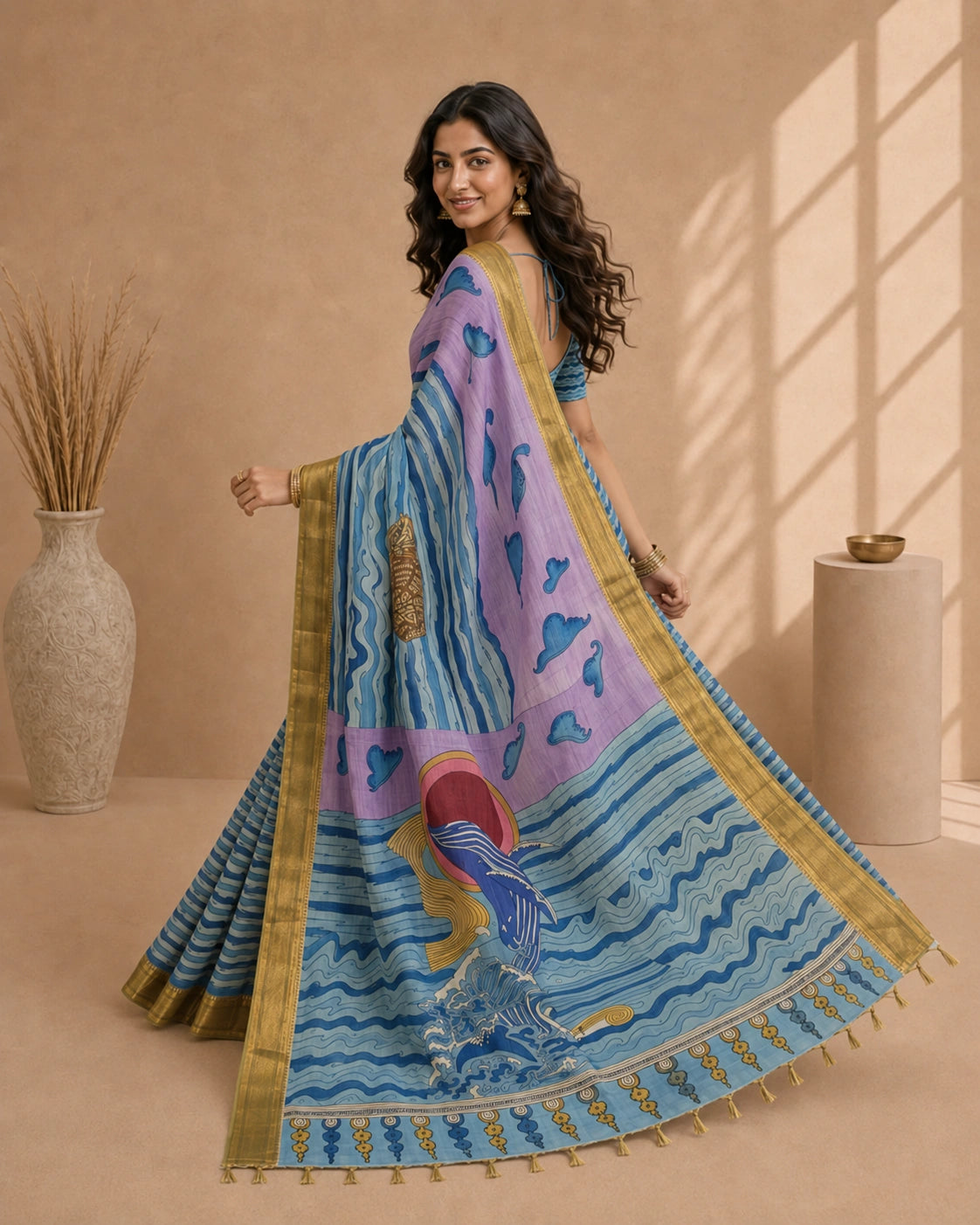 Kalamkari Ocean Theme Saree with Artistic Wave & Whale Design | Elegant Statement Saree for Festive & Casual Wear | Kalakarie