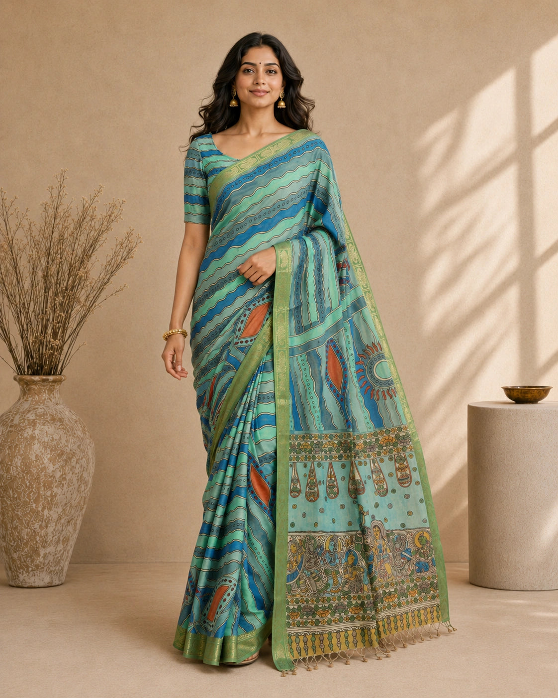 Elegant Kalamkari Cotton Silk Saree in Aqua Blue with Artistic Traditional Motifs