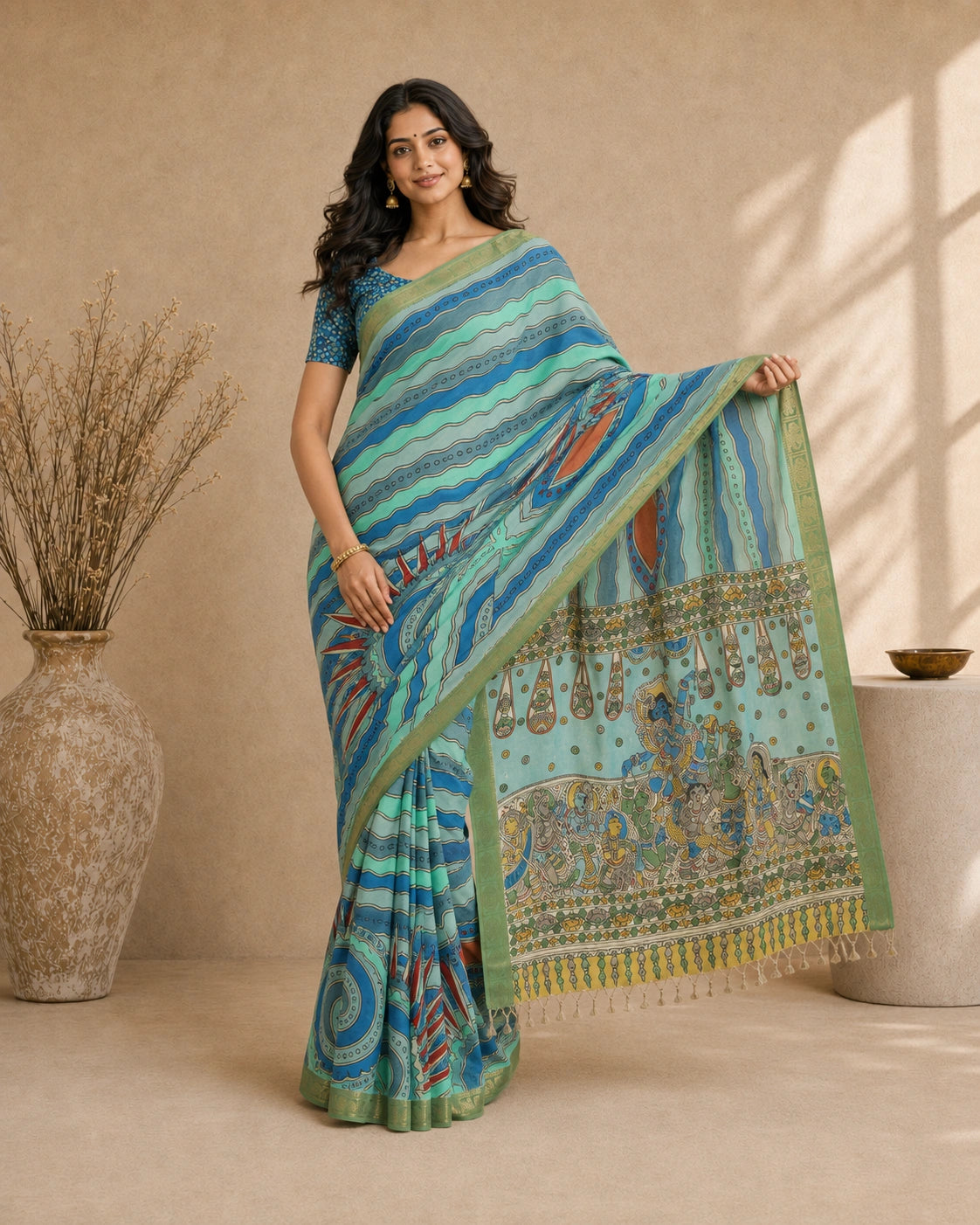 Elegant Kalamkari Cotton Silk Saree in Aqua Blue with Artistic Traditional Motifs
